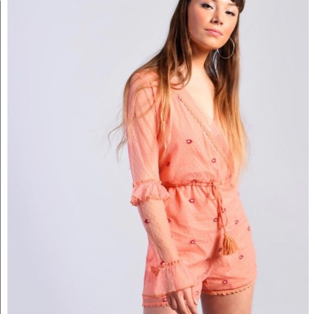 Coral Mesh Overlay Tie Waist Playsuit